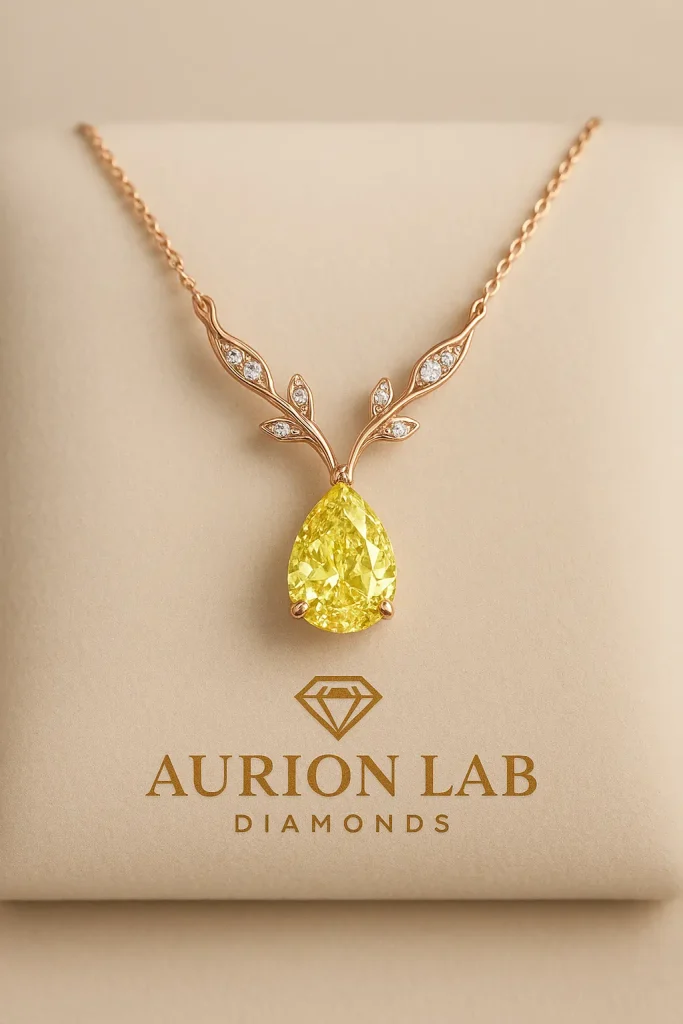 yellow pear shape diamond necklace in gold with white mq