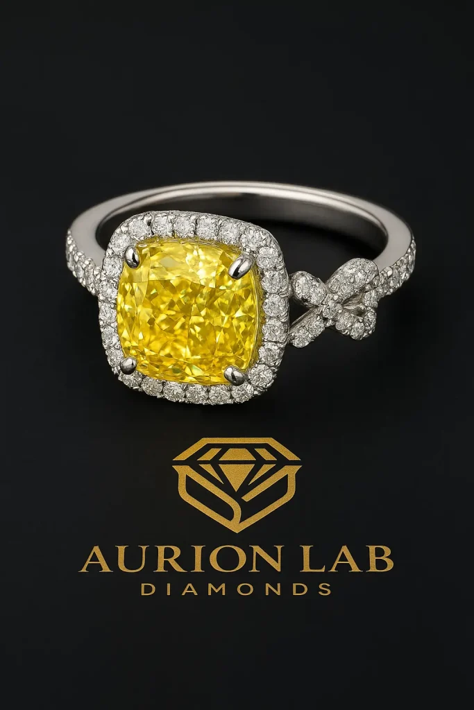 yellow cusgion cut diamond ring in silver