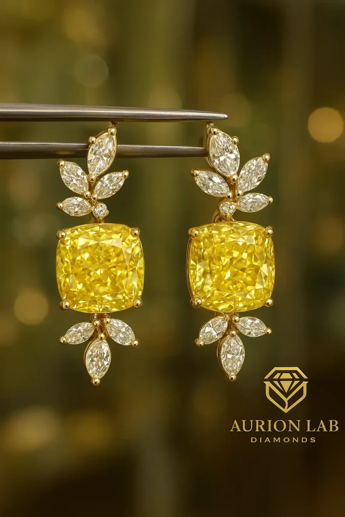 FANCY YELLOW CUSHION CUT DIAMONDS EARRINGS WITH WHITE DIAMONDS
