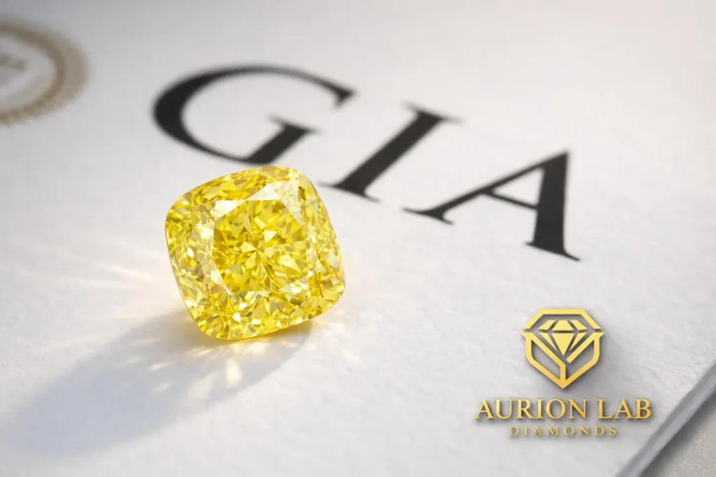 fancy yellow cushion cut lab grown diamond