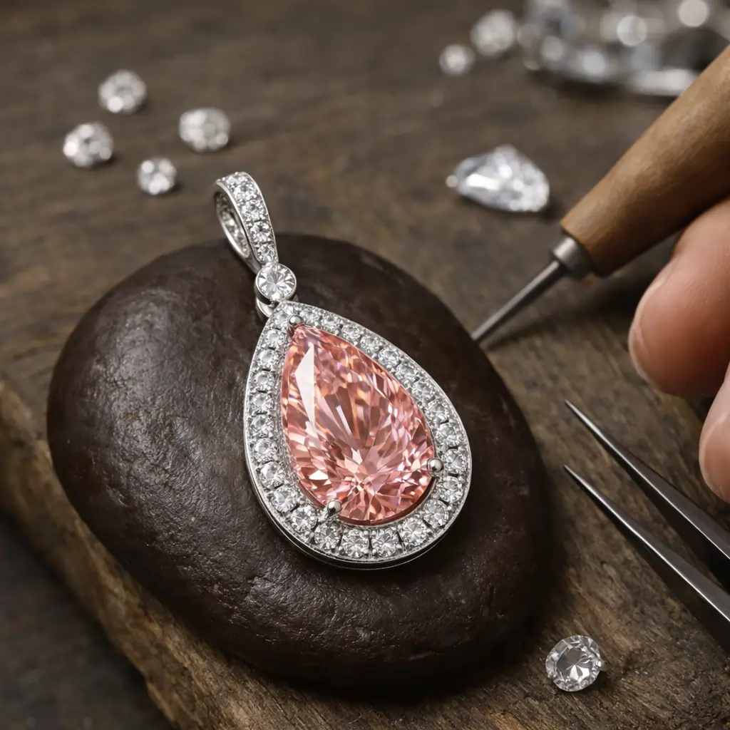 pink pear shape lab grown diamond pendant
